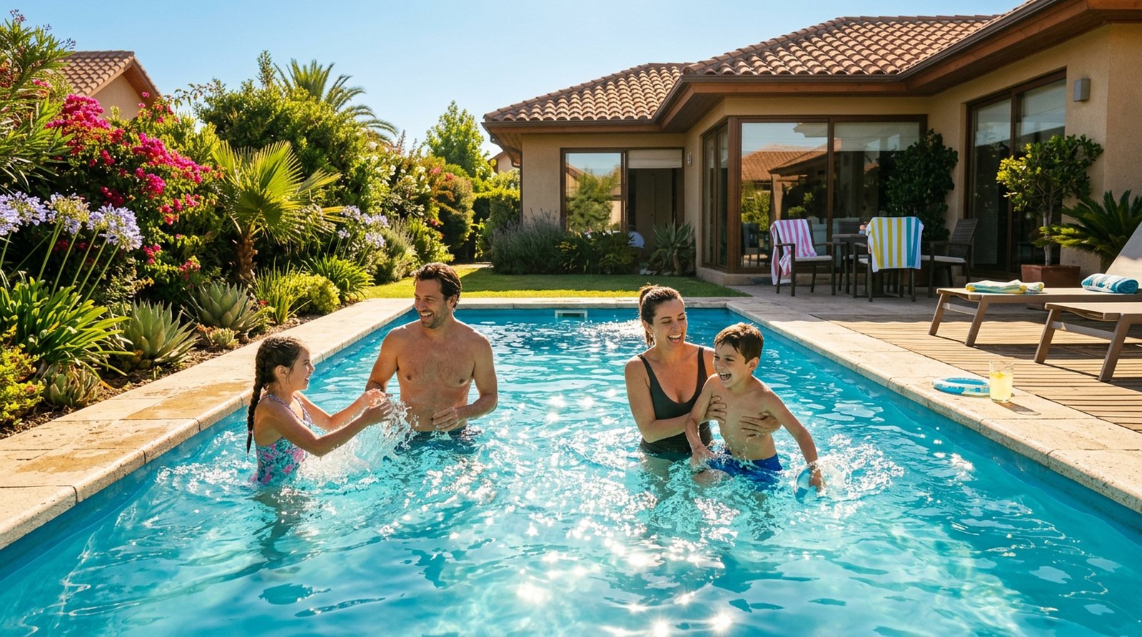 Familia disfrutando su piscina con agua cristalina en el patio de su casa